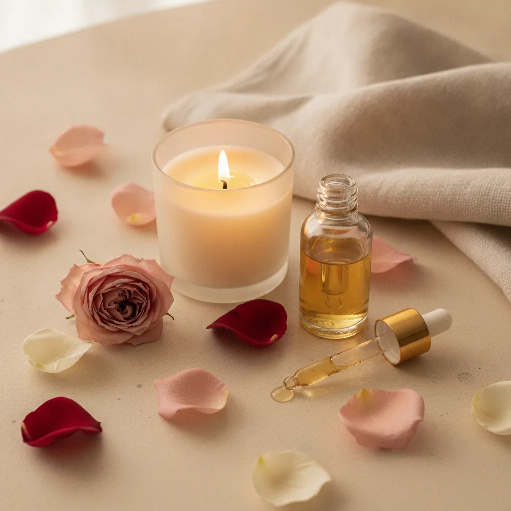 Skincare ritual with candles and botanicals