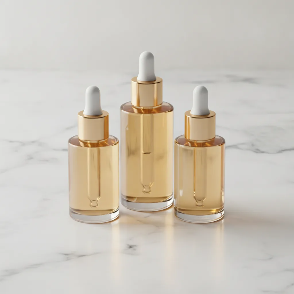 Champagne-toned skincare products arranged elegantly